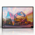 Large abstract wall art featuring geometric shapes in black and white, framed in black acrylic.