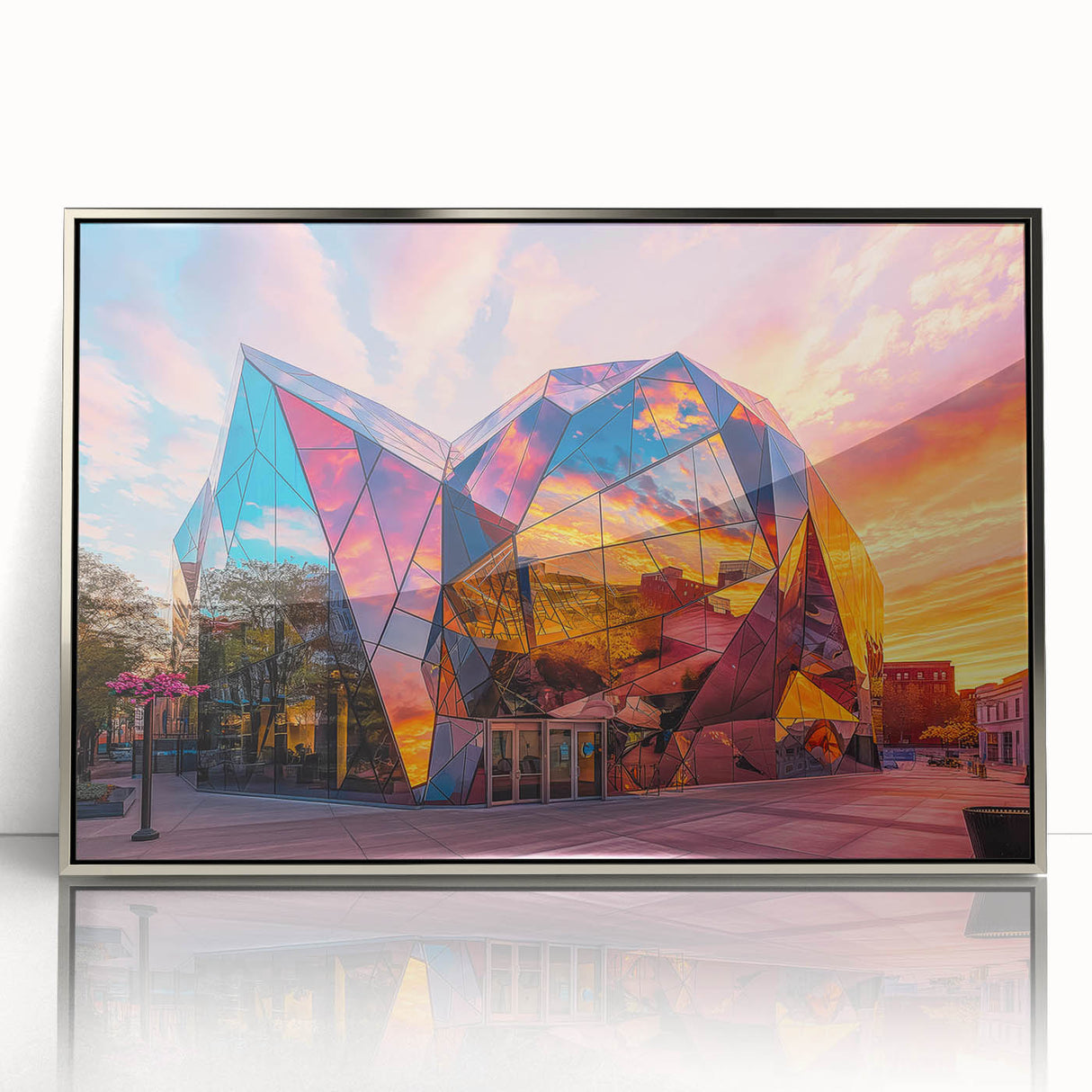 Mid-century modernist art of abstract shapes in muted colors on a framed acrylic, suitable for nursery wall decor.