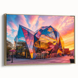 Framed canvas featuring a vintage poster art style landscape painting in muted earth tones, ideal for bedroom wall decor.