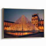 Framed canvas depicting a vintage poster art of a black and gold architectural landscape, ideal for bedroom wall decor.