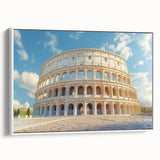 Vintage poster art of colorful abstract architecture on a large framed canvas, suitable for living room decor.