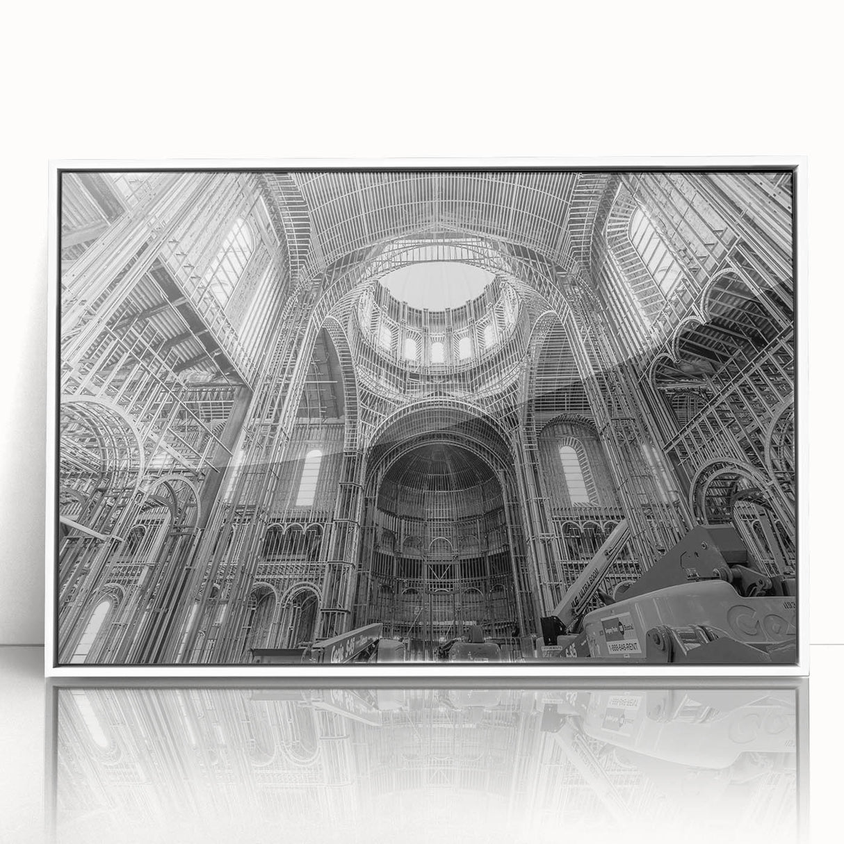 Art deco poster featuring a modern art wall decor with geometric shapes in muted gold and white, acrylic framed.