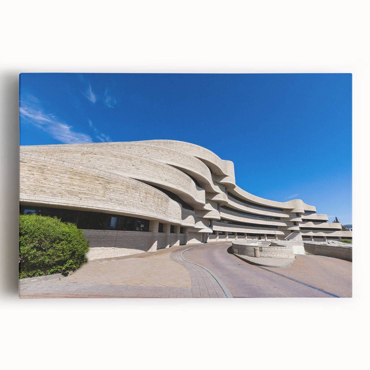Large black and white stretched canvas featuring a detailed architectural museum design, ideal for kitchen wall art.