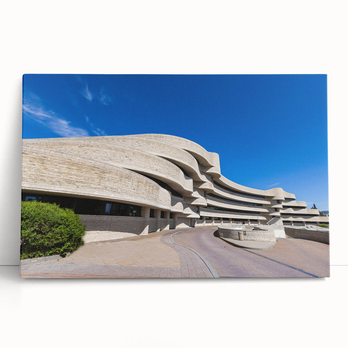 Black and white architectural print on stretched canvas, featuring a series of museum facades.