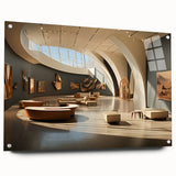 Large abstract wall art on acrylic glass depicting a modern architectural scene in monochrome shades.