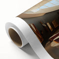Art deco poster featuring a stylized architectural museum design in muted gold and navy tones on rolled canvas.