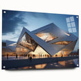 Large abstract wall art on acrylic glass depicting vibrant geometric shapes, ideal for modern bedroom or dining room decor.