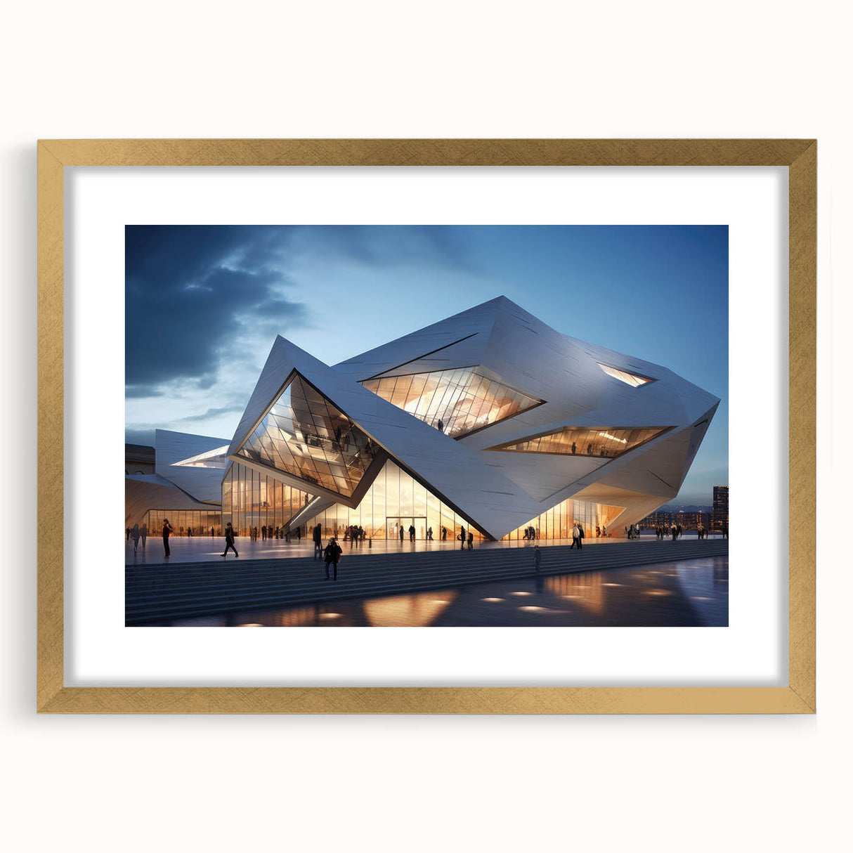 Extra large abstract art print featuring textured swirls in gold and white, framed with a gold mat.