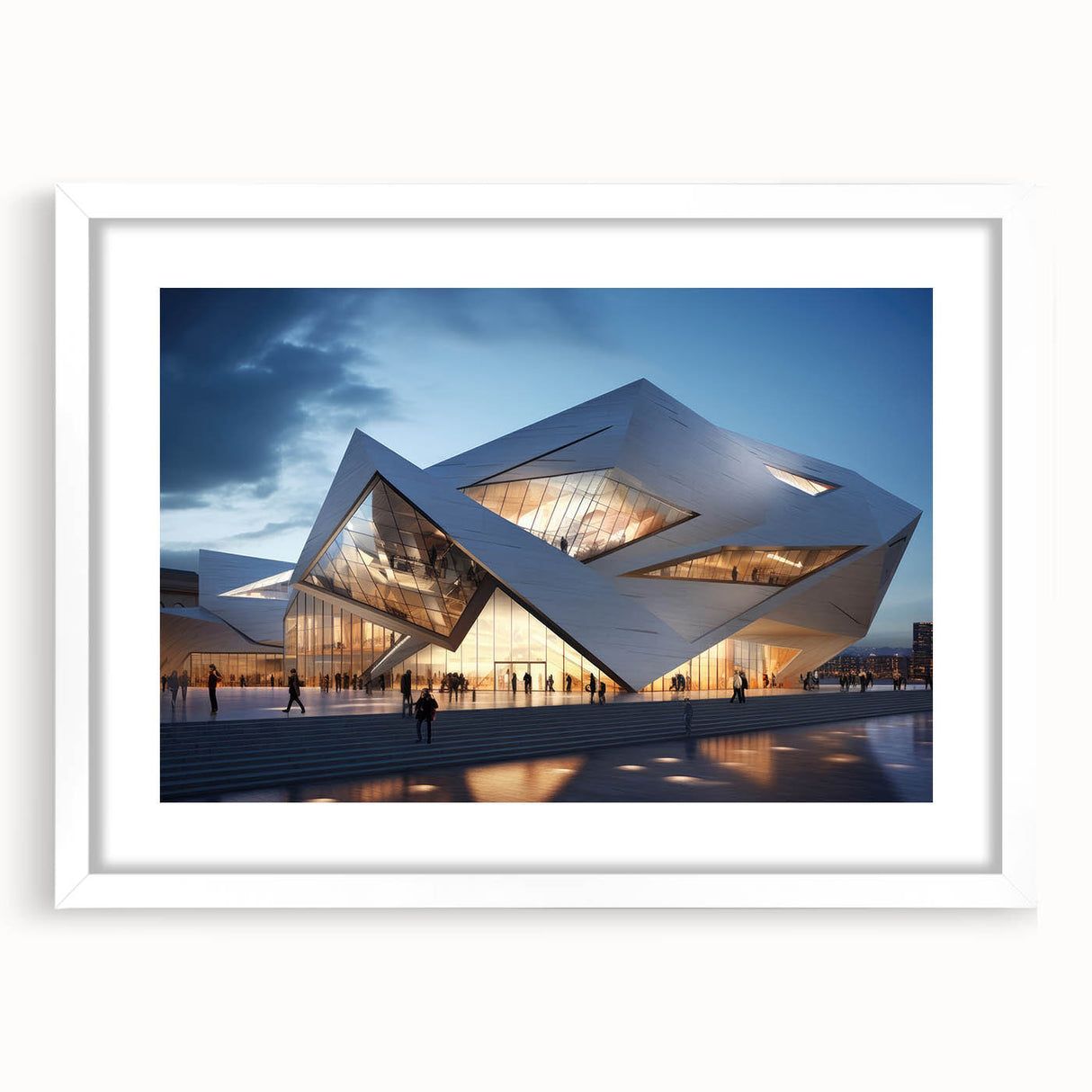 Abstract art print featuring geometric shapes in muted gray and blue tones on a white framed canvas.