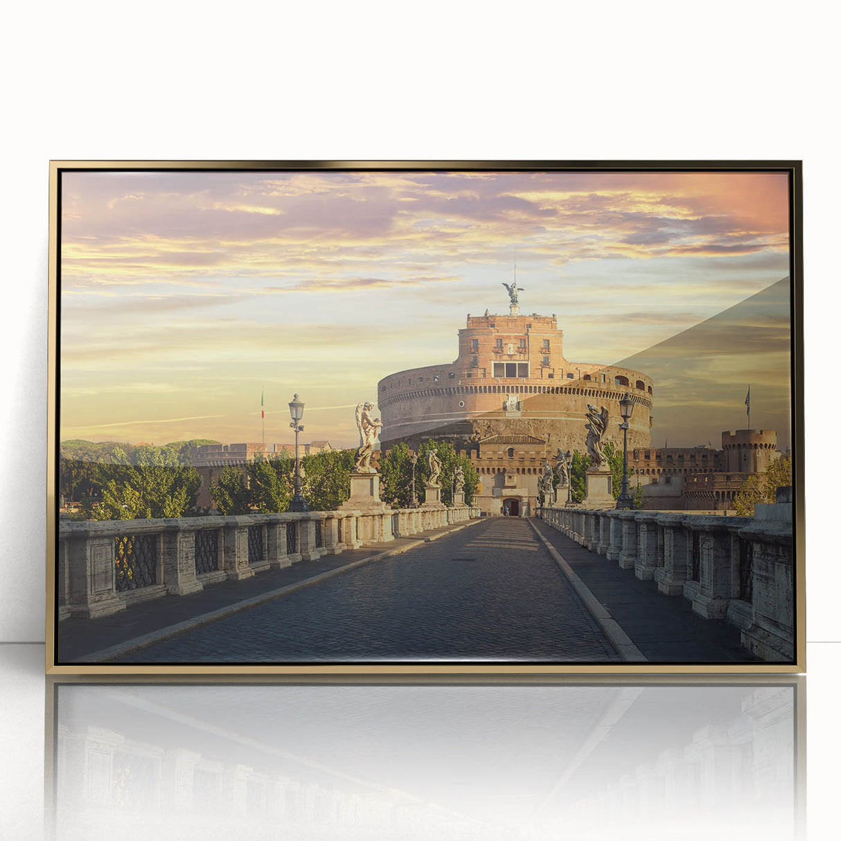 Large acrylic print of mid-century modernist architecture in gold tones, ideal for modern art wall decor.