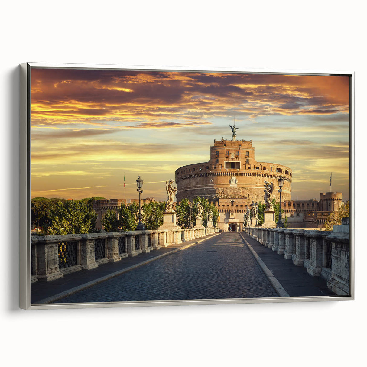 Framed canvas landscape art painting featuring a colorful vintage poster of architectural museums.