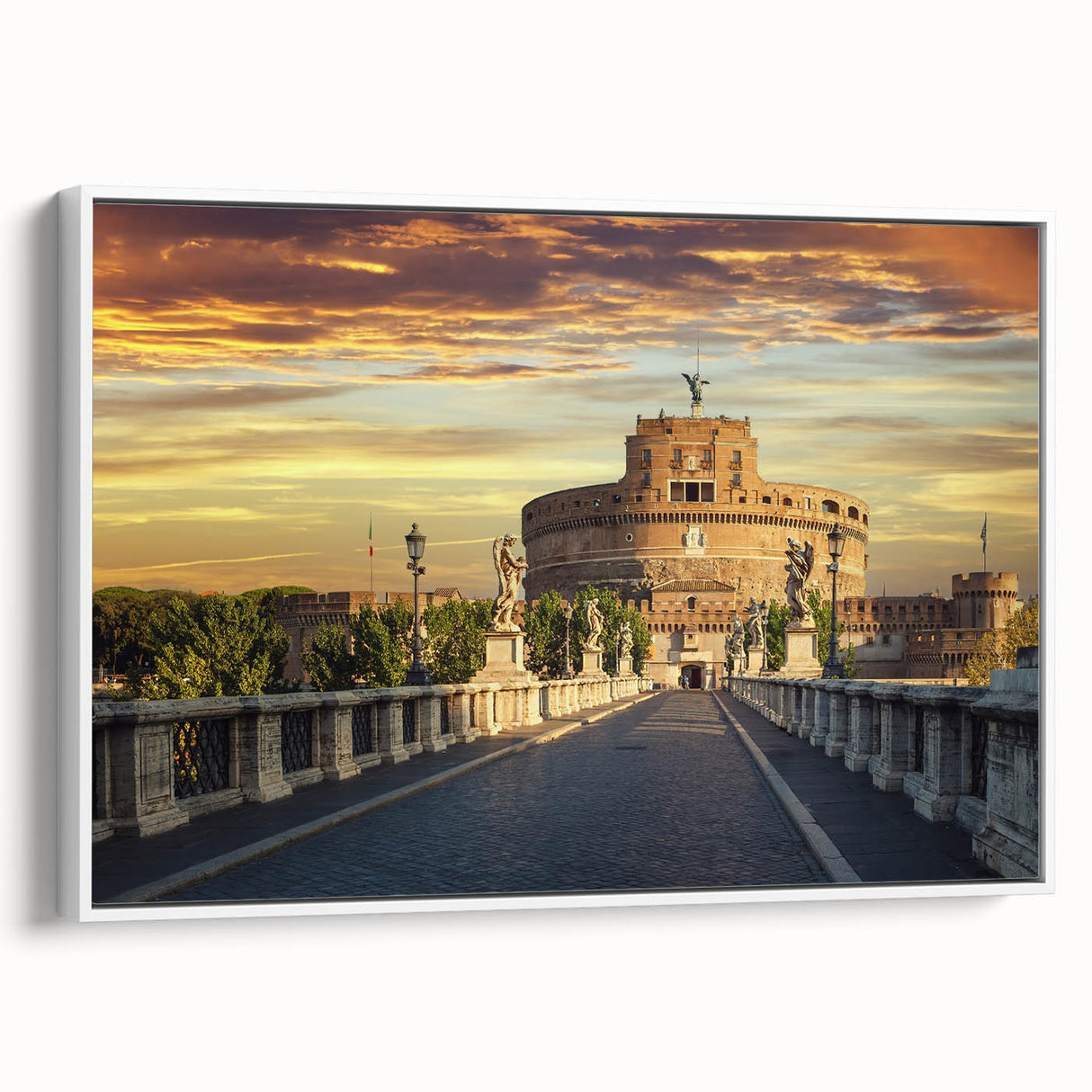 Vintage poster art of colorful architectural designs on a framed canvas, ideal for large living room walls.