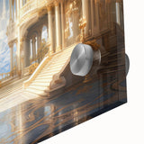 Large abstract wall art on acrylic glass featuring mid-century modernist palace architecture in muted earth tones.