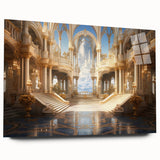 Large abstract wall art on acrylic glass depicting a modern palace design in muted gray tones.