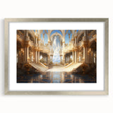 Abstract art print of a palace in muted silver and gray tones on a framed canvas, suitable for dining room decor.