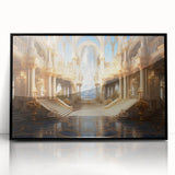 Large abstract wall art featuring a mid-century modernist palace design in black and gray tones on a framed acrylic.