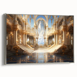 Vintage poster art of a palace design on framed canvas, featuring silver and colorful accents.