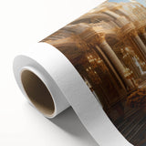 Art deco poster of a palace architecture design in muted gold and white, printed on rolled canvas.