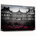 Large abstract wall art on acrylic glass depicting a modern palace design in monochrome tones.