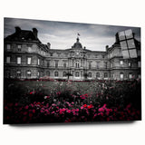 Large abstract wall art on acrylic glass depicting a stylized palace, in muted earth tones.