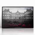Large abstract wall art featuring mid-century modernist architectural palace design in muted gray and black tones.