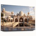 Large abstract wall art on acrylic glass depicting a palace design in muted earth tones.
