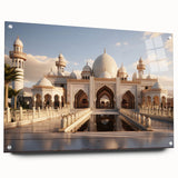 Large abstract wall art on acrylic glass depicting a palace design in muted earth tones.