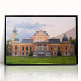 Large abstract wall art depicting a mid-century modernist palace design in black and white tones, framed acrylic.