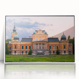 Mid-century modernist palace design in muted colors on a large framed acrylic print, suitable for modern art wall decor.