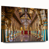 Large abstract wall art on acrylic glass depicting a modern palace design in cool blue and gray tones.