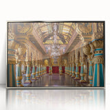 Art Deco poster of a palace architecture in silver frame, ideal for modern nursery wall art.