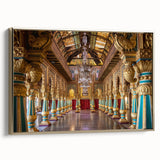 Framed canvas landscape art painting of a palace in muted gold and black tones.