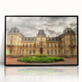 Large abstract wall art of a mid-century modernist palace design in black and white, framed in acrylic.
