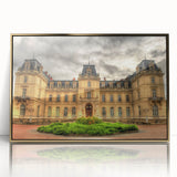 Mid-century modernist art of a palace design in gold tones on framed acrylic, suitable for nursery wall art.
