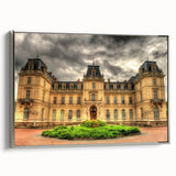 Vintage poster art of a palace design on a framed canvas, featuring black and colorful art.