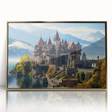 Mid-century modernist art of a palace in acrylic print with gold framing, ideal for nursery wall art.