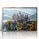 Art Deco style palace architecture poster in silver frame, featuring geometric patterns and muted colors.