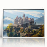 Mid-century modernist palace design in muted gray and white tones on a framed acrylic, ideal for modern art wall decor.