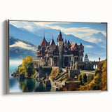 Vintage poster art of a palace in muted black and colorful accents on a framed canvas, suitable for living room decor.