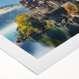 Art deco poster of a palace architecture in monochrome shades on rolled canvas, suitable for dining room wall art.