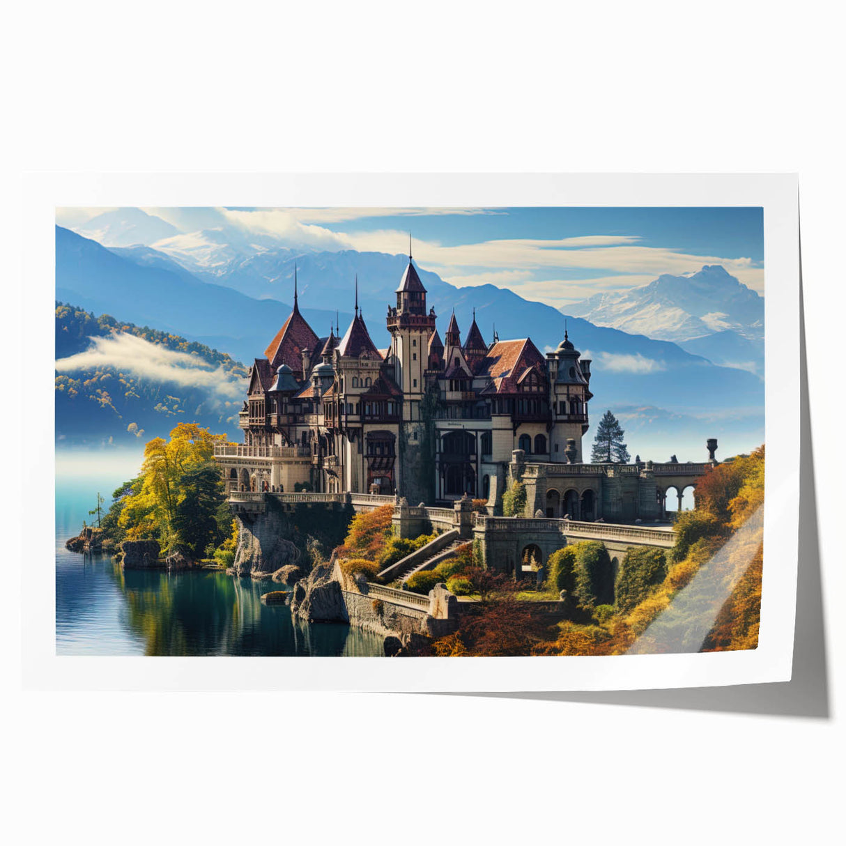 Rolled print of a large, floral palace architecture, in soft pastel shades, ideal for dining room wall art.