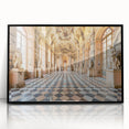 Large abstract wall art featuring a mid-century modernist palace design in black and white tones, framed in acrylic.