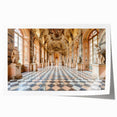 Rolled print of a large floral design on a palace architecture backdrop, in soft pastel shades.