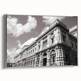 Framed canvas of a vintage palace design in muted black and gray tones, ideal for bedroom wall art.