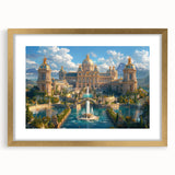 Textured abstract art print of a palace, in gold and beige tones, framed with a mat, suitable for bedroom decor.