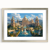 Abstract art print of a palace design in muted gold and ivory tones, framed in silver, suitable for dining room decor.