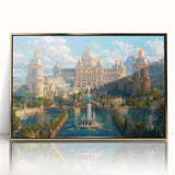 Mid-century modernist palace architecture in gold tones on a framed acrylic, suitable for nursery wall art.