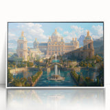 Mid-century modernist palace design on a large acrylic print in muted tones, suitable for modern art wall decor.