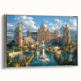 Vintage poster art of a palace in colorful hues on a large framed canvas, ideal for living room decor.