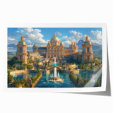 Rolled print of a grand palace architecture with intricate floral designs in muted earth tones.